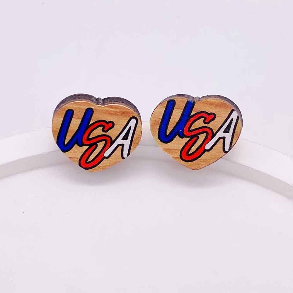 Wholesale American Flag Independence Day Wooden Stud Earrings Heart Shape Pentagram Sunflower Earrings ACC-ES-Cheny007
