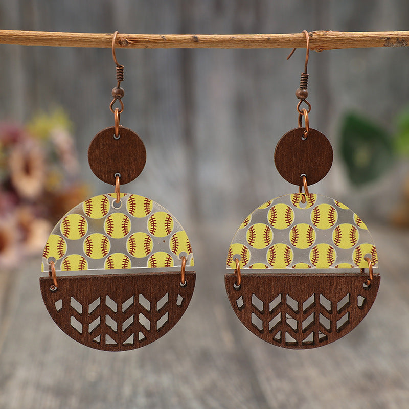 Wholesale Sports style acrylic baseball stitching hollow wood earrings