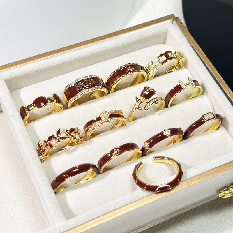 Wholesale Red Enamel Vintage  Drop Glaze Geometric Ring