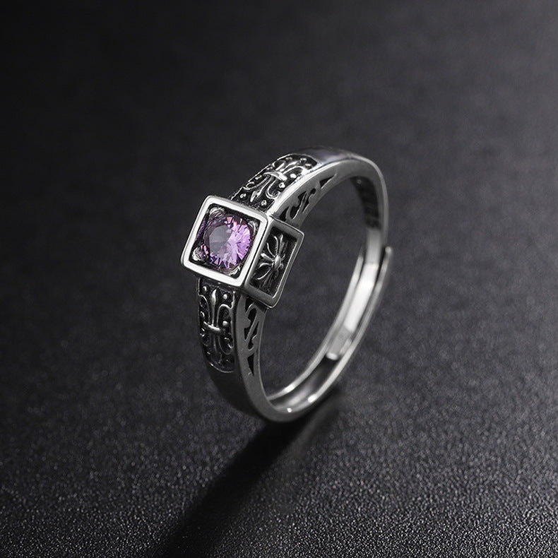 Wholesale 925 Sterling Silver Vintage Purple Zirconium Cross Red Diamond Opening Ring