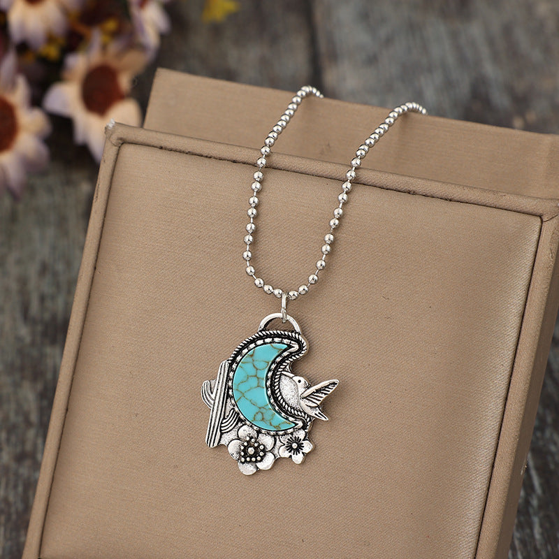 Wholesale Vintage Alloy Necklace with Turquoise Inlay Cactus Flower Bird Pendant Jewelry Accessory