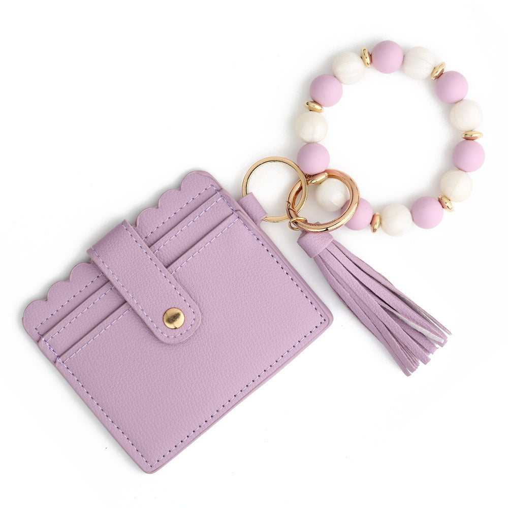Wholesale  PU  wallet silicone bead bracelet card holder Wristlet Keychain