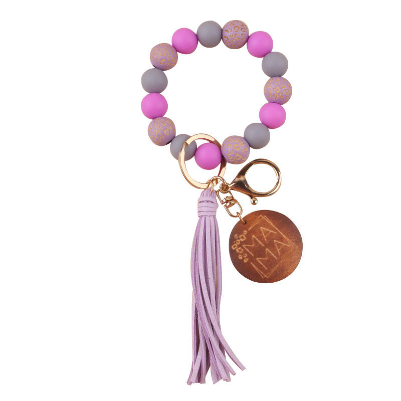 Wholesale Mother's Day MAMA Leopard Print Silicone Beaded Wrist Keychain Wristlet Keychain ACC-KC-GuangTian045