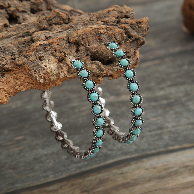 Wholesale Alloy Electroplated Retro Geometric Circle Earrings with Turquoise Inlay - Fashion Accessory