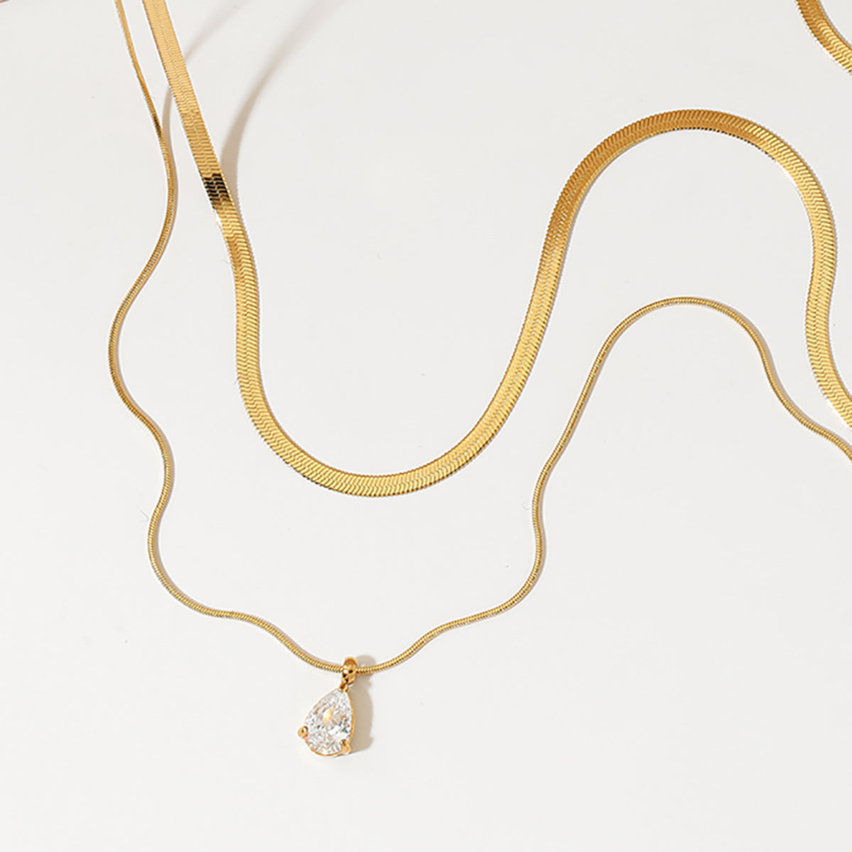 Wholesale Stainless steel double-layer square snake chain water drop zircon necklace