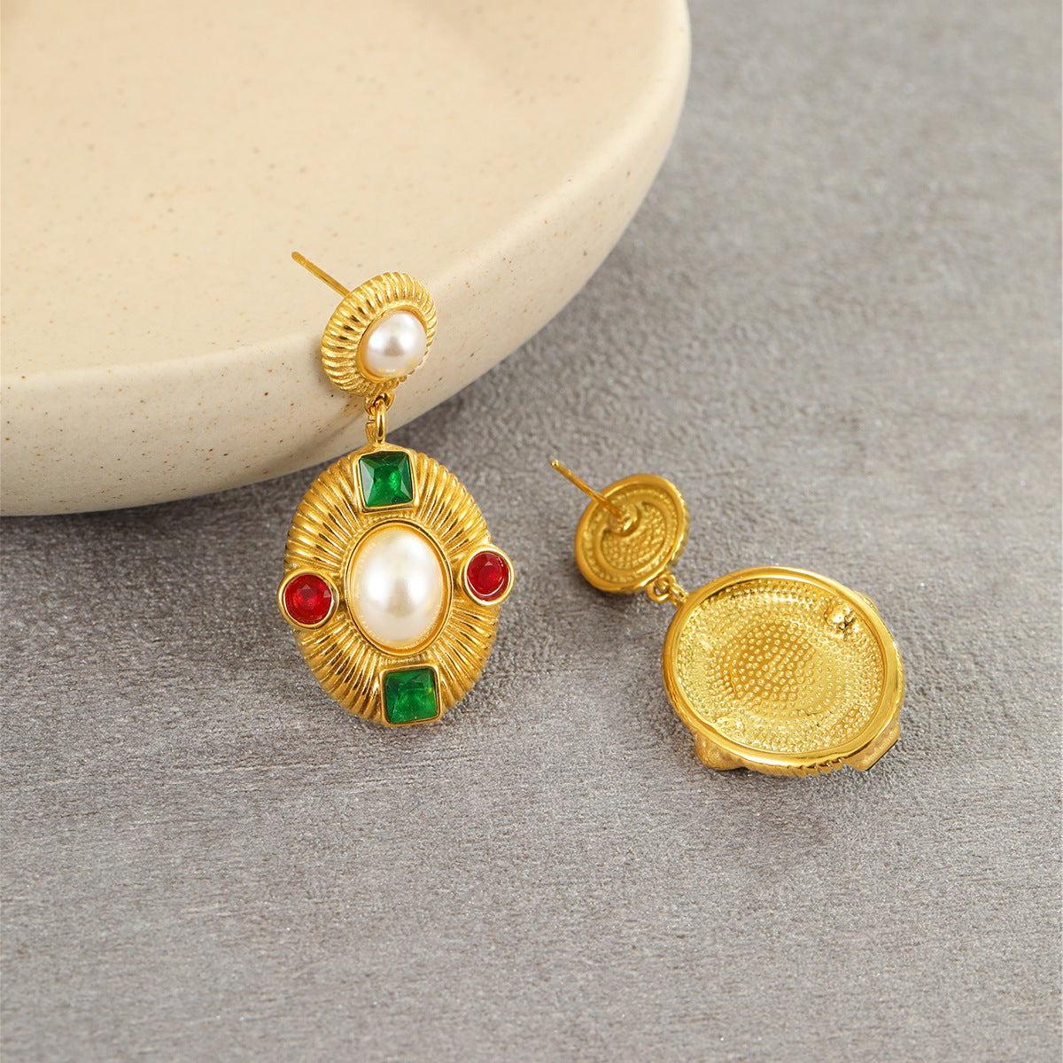 Wholesale Retro Mid-Century Style Exaggerated  Stainless Steel Plated 18K Gold Inlaid with Pearls and Zircons Earrings