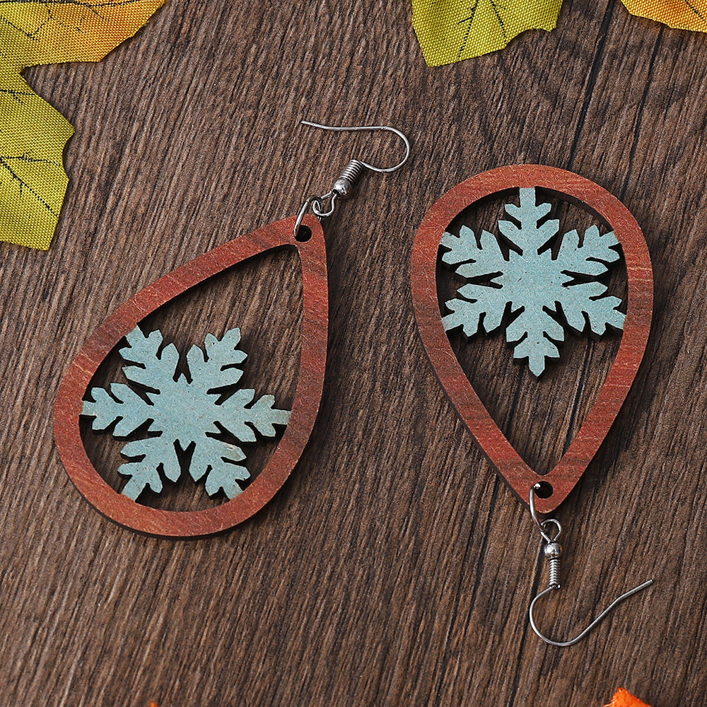 Wholesale winter snowflake water drop pendant earrings wooden hollow double-sided