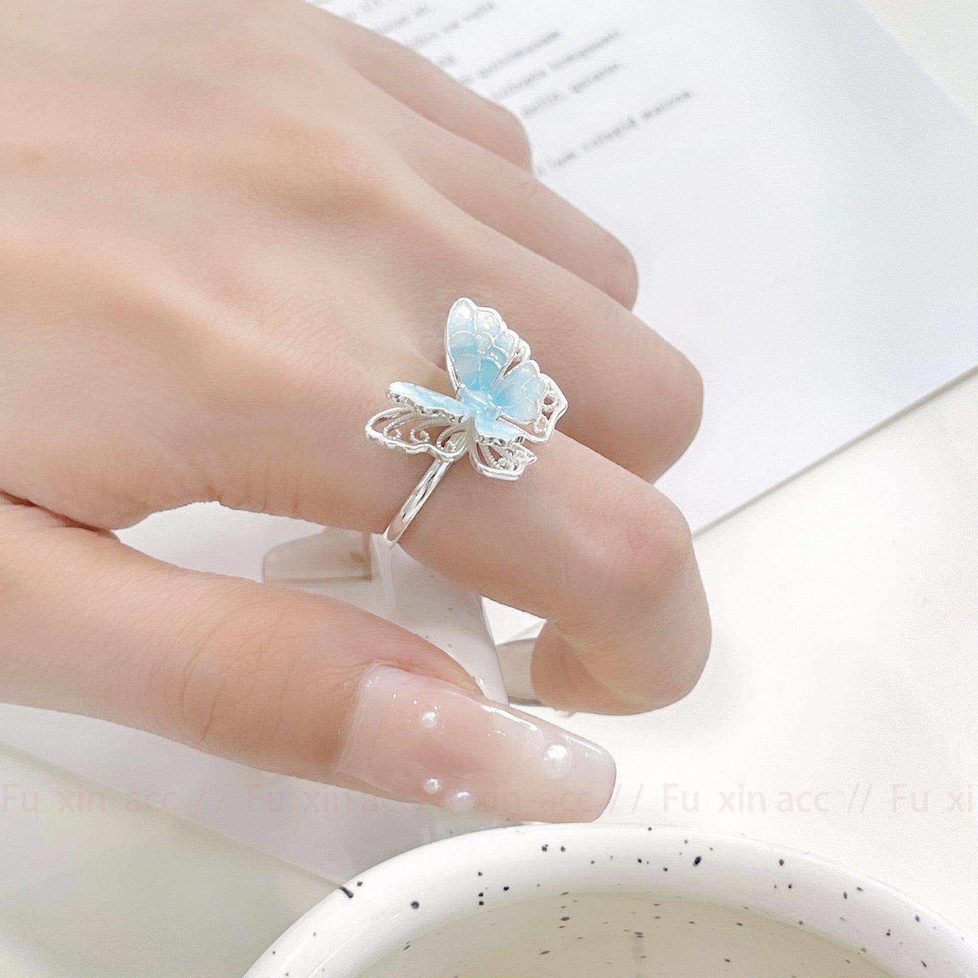 Wholesale  gradient blue and white double-layer hollow butterfly ring