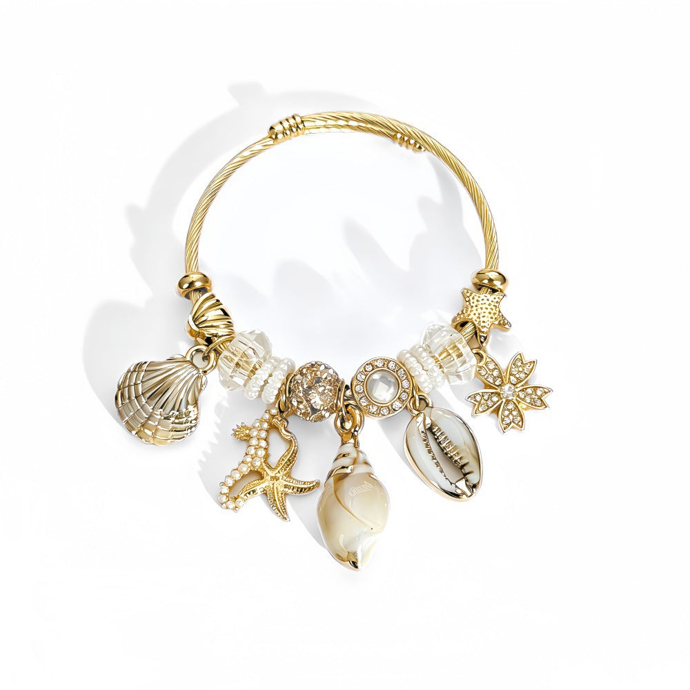 Wholesale Beach Style Stainless Steel Gold Shell Starfish Bracelet For Women Summer Vacation Jewelry Gift