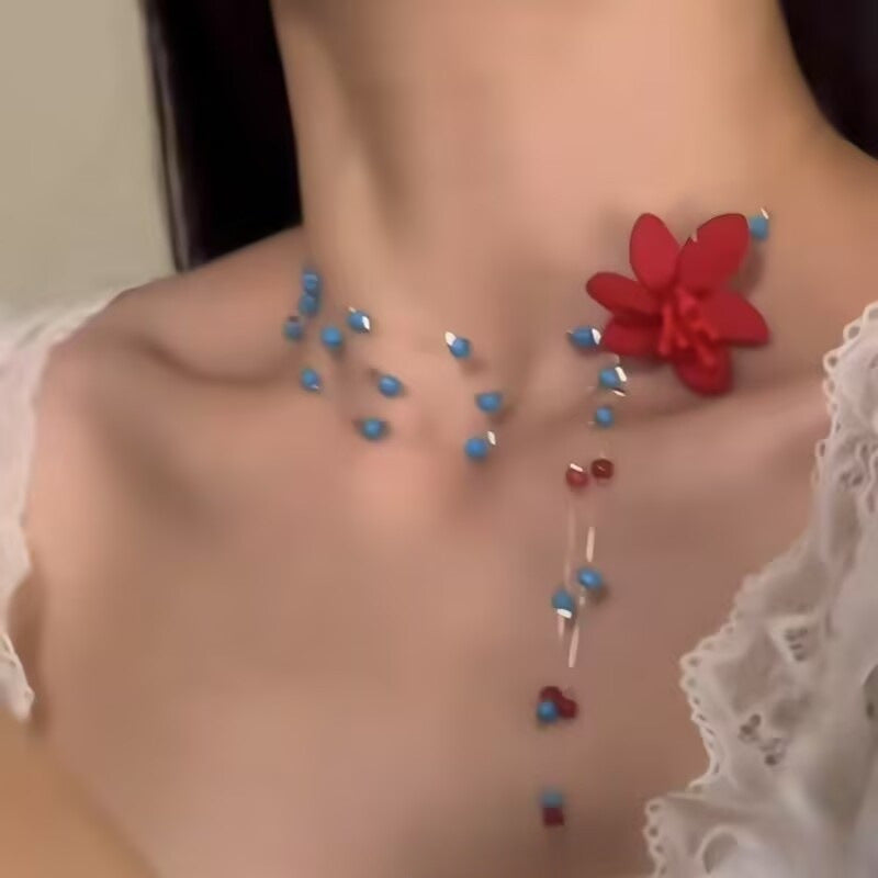 Wholesale Flower necklace blue beaded clavicle necklace