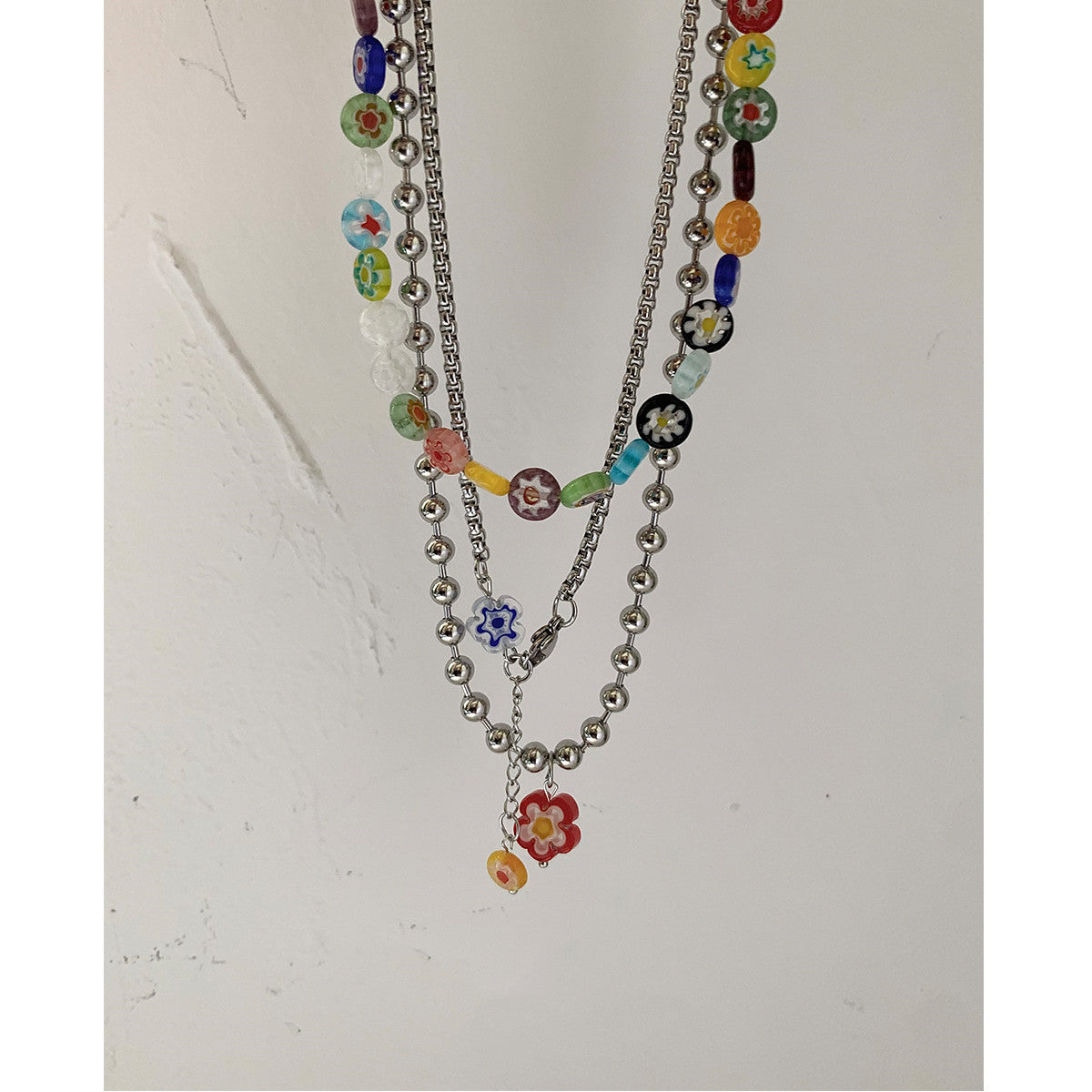Wholesale Rainbow Glass Flower Stacking Necklace Titanium Steel Necklace ACC-NE-Yuxi010