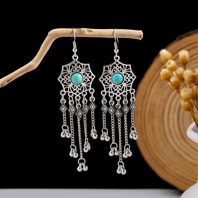 Wholesale retro ethnic style hollow flower tassel turquoise owl alloy earrings ACC-ES-MDD009