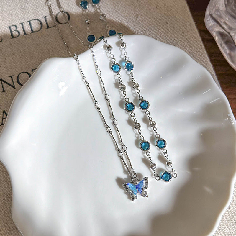 Wholesale Blue Double Layer Butterfly Necklace