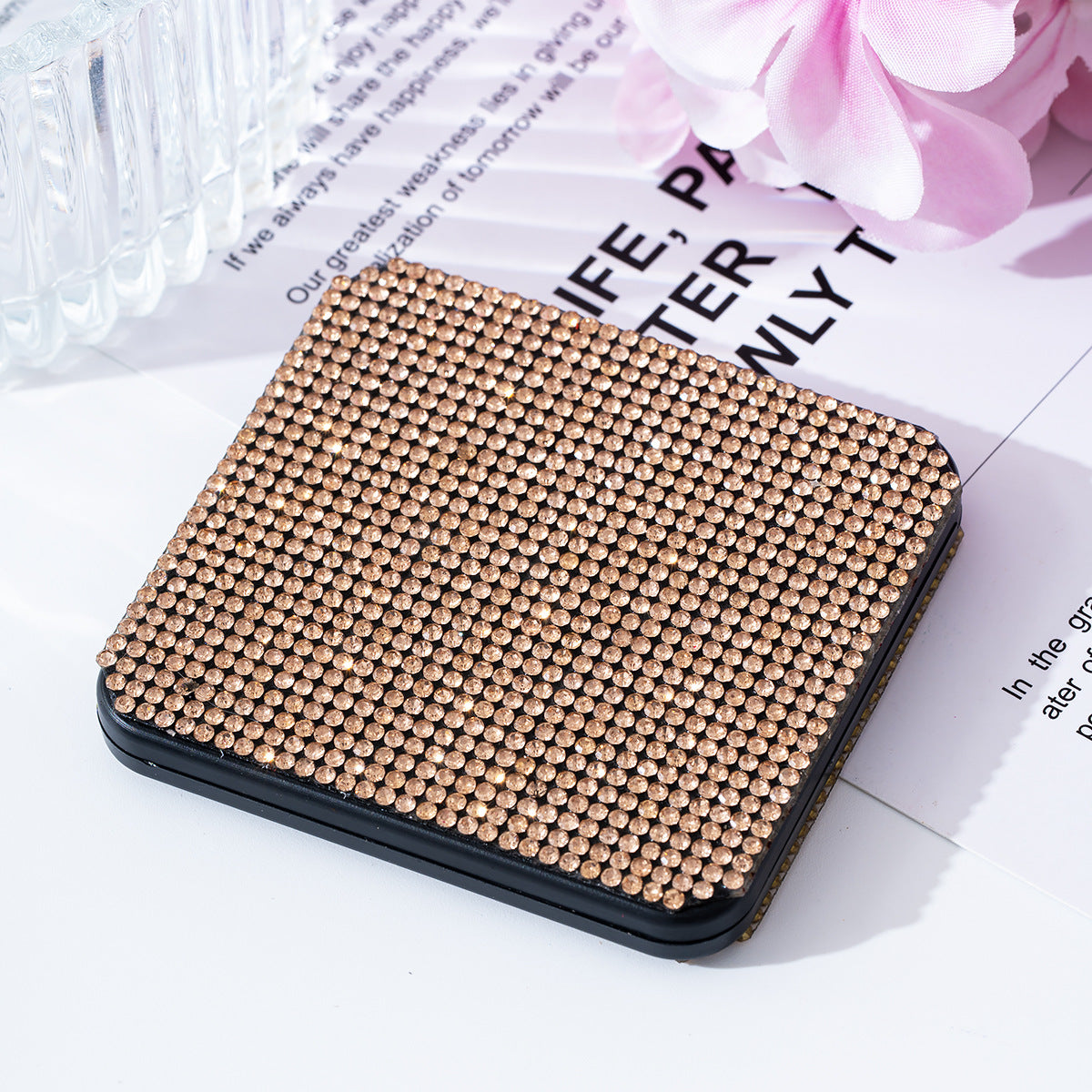 Wholesale Rhinestone portable small mirror mini portable double-sided folding square makeup mirror
