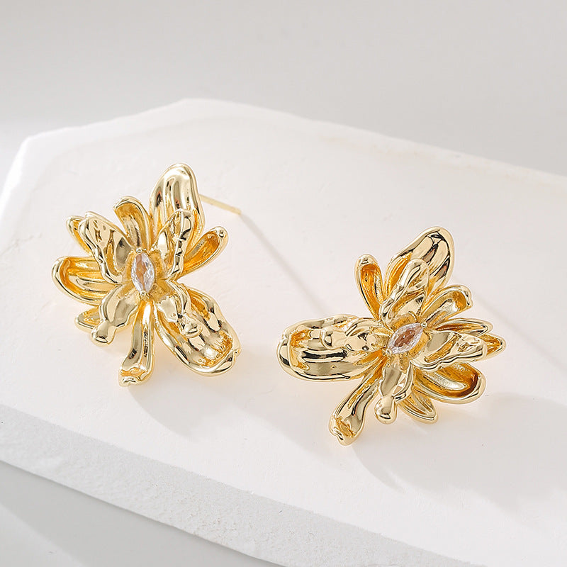 Wholesale  real gold plating silver earrings pleated flower earrings