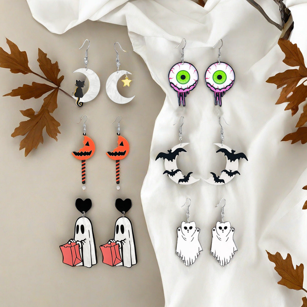 Wholesale Halloween Acrylic Earrings Ghost Moon Funky Grotesque Elements Stainless Steel Earrings