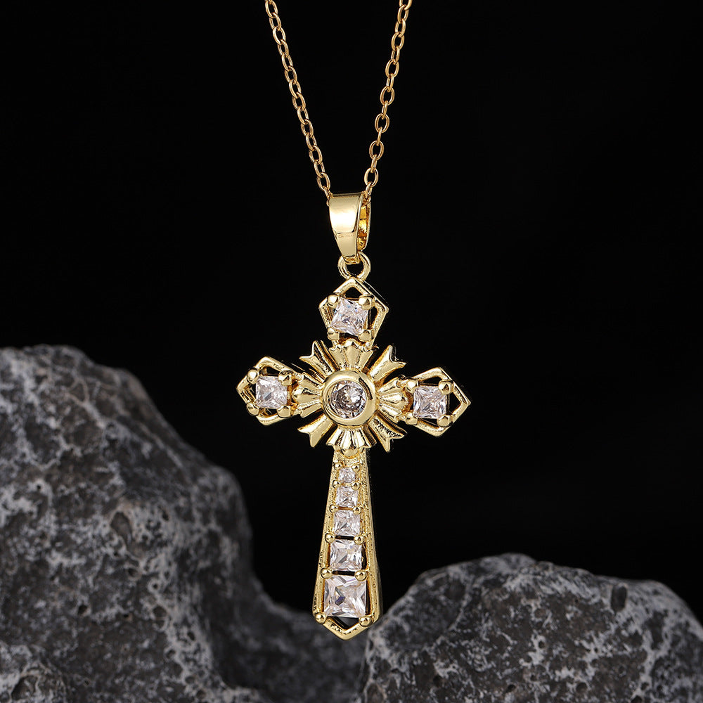 Wholesale Stylish Cross Pendant Necklace For Women Gold Plated Copper With Zircon Fashion Accessory Gift