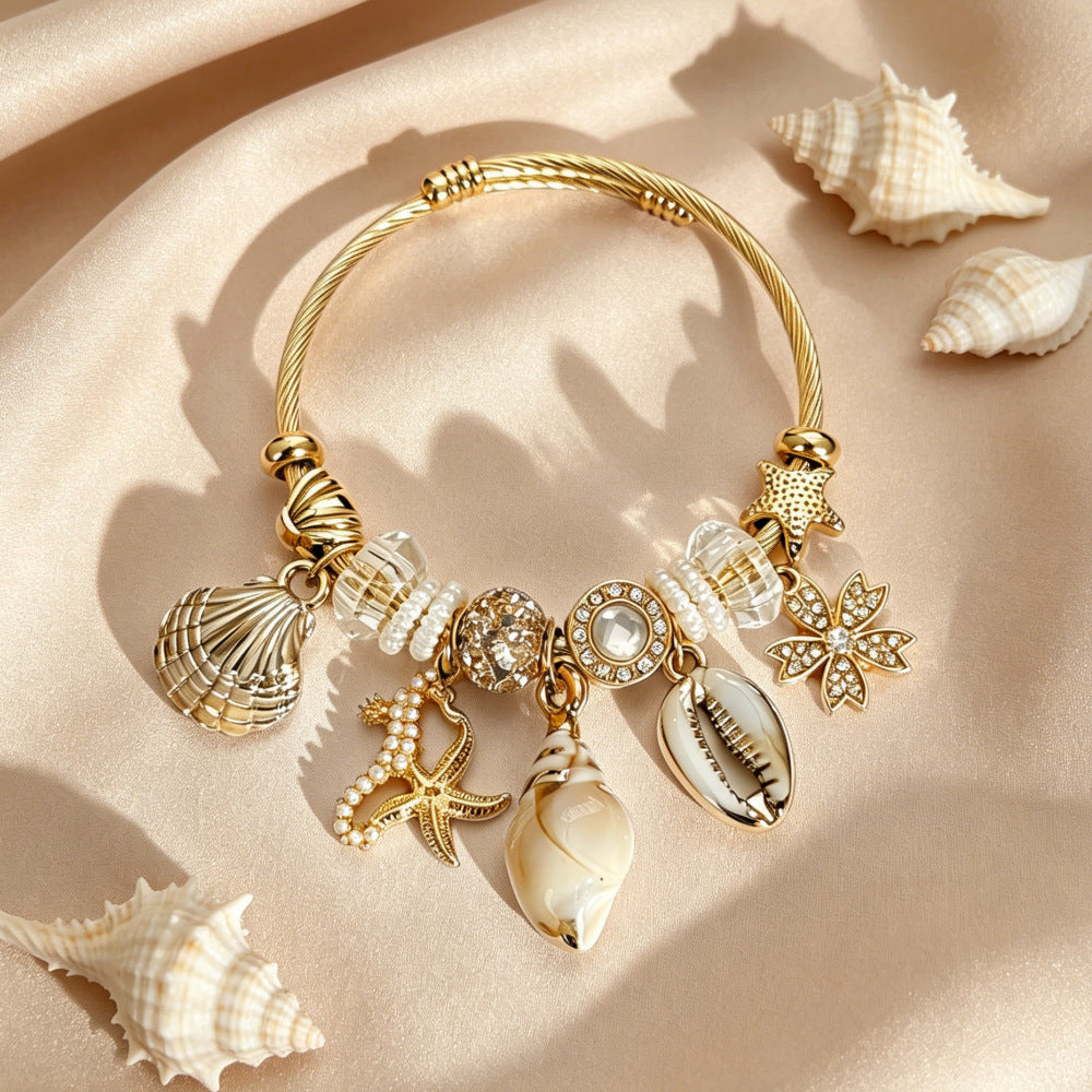 Wholesale Beach Style Stainless Steel Gold Shell Starfish Bracelet For Women Summer Vacation Jewelry Gift