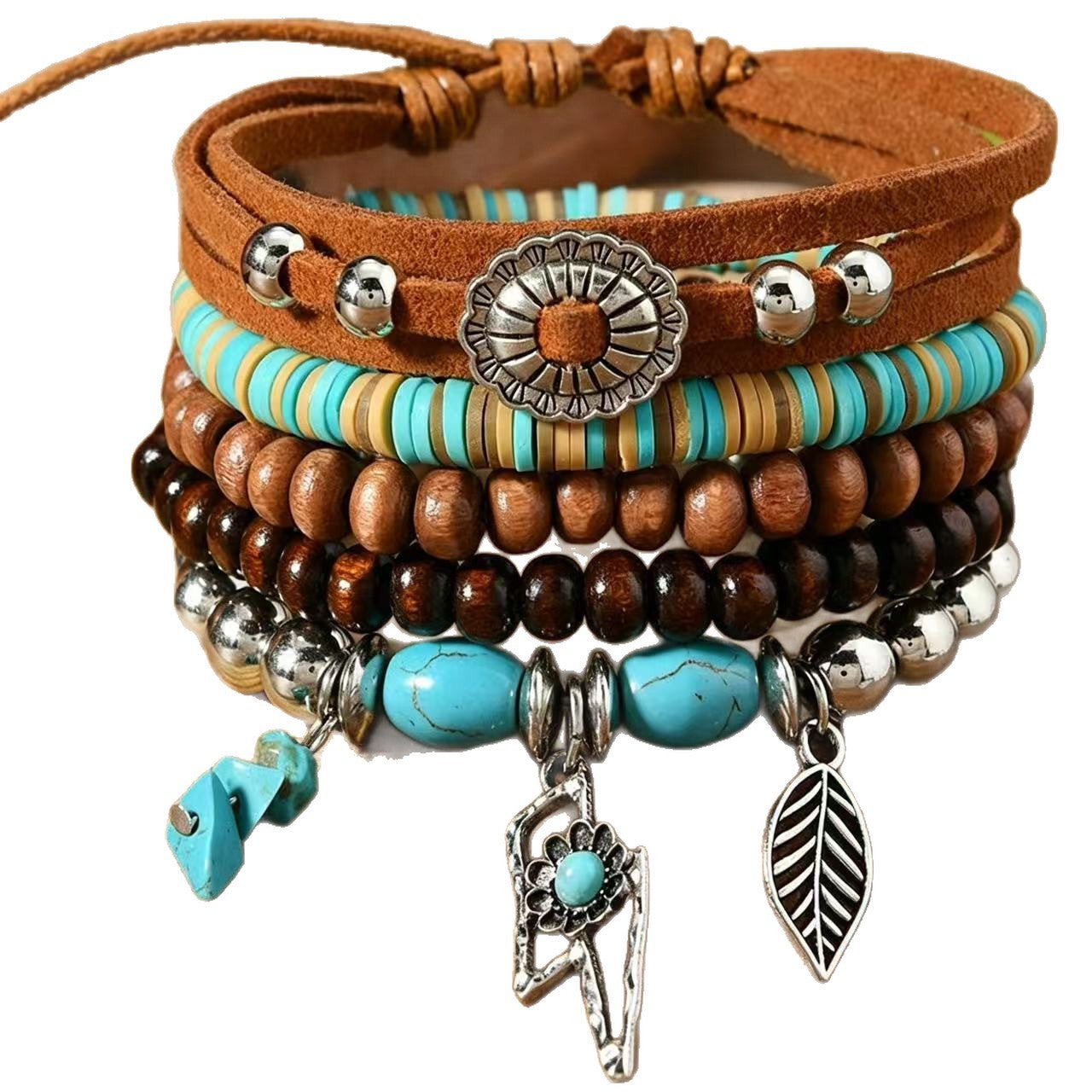 Wholesale 5-Piece Hand Knitted Wooden Bead Bracelets,  Turquoise &  Clay,  Unisex Everyday Wear