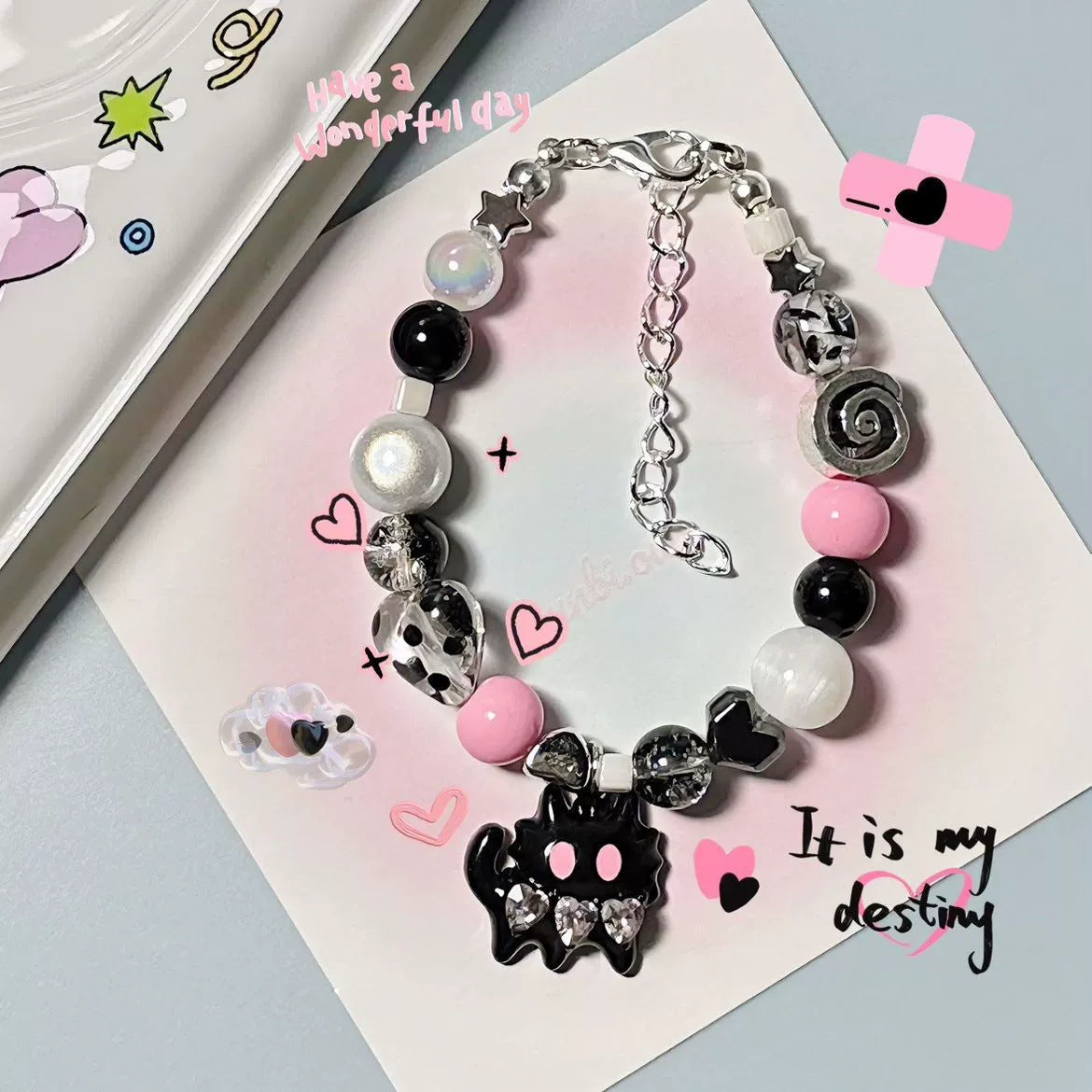Wholesale Color Beaded Pink Cat Bracelet
