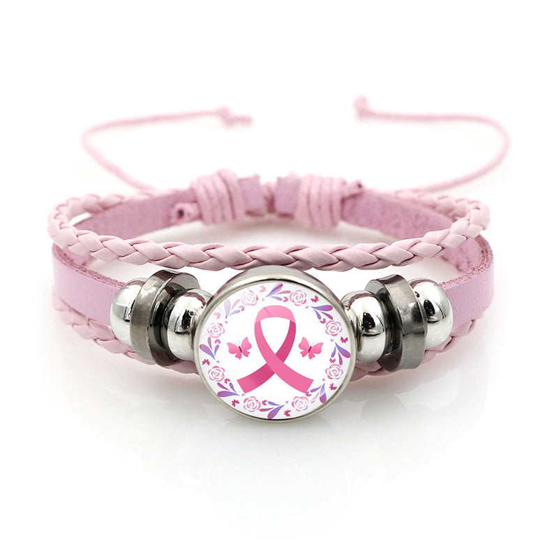 Wholesale Pink Ribbon Breast Consciousness Pink Leather Bracelet