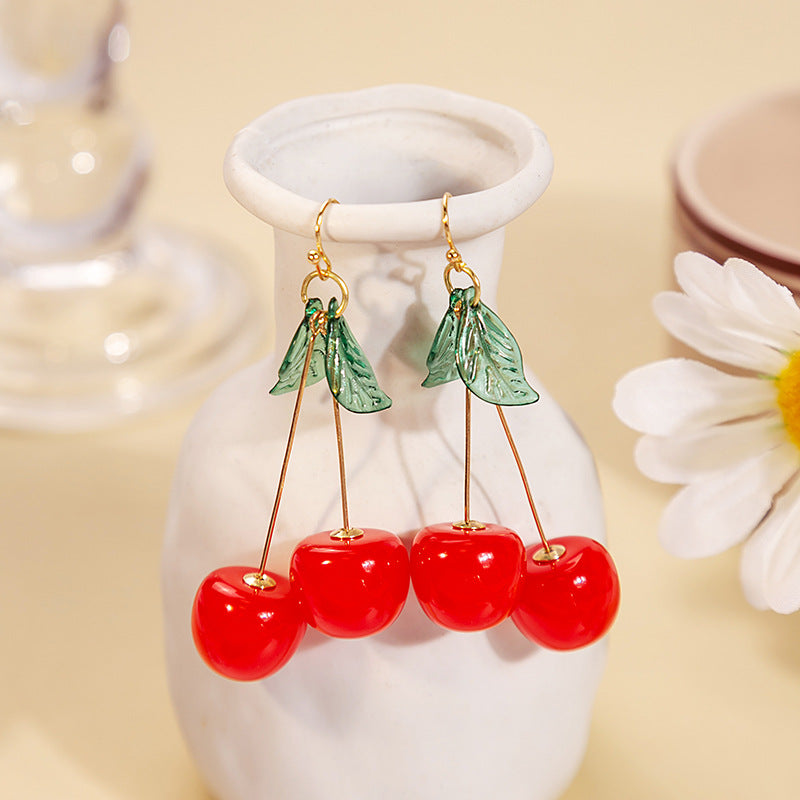 Wholesale Fruit Cherry  Green Leaf Earrings