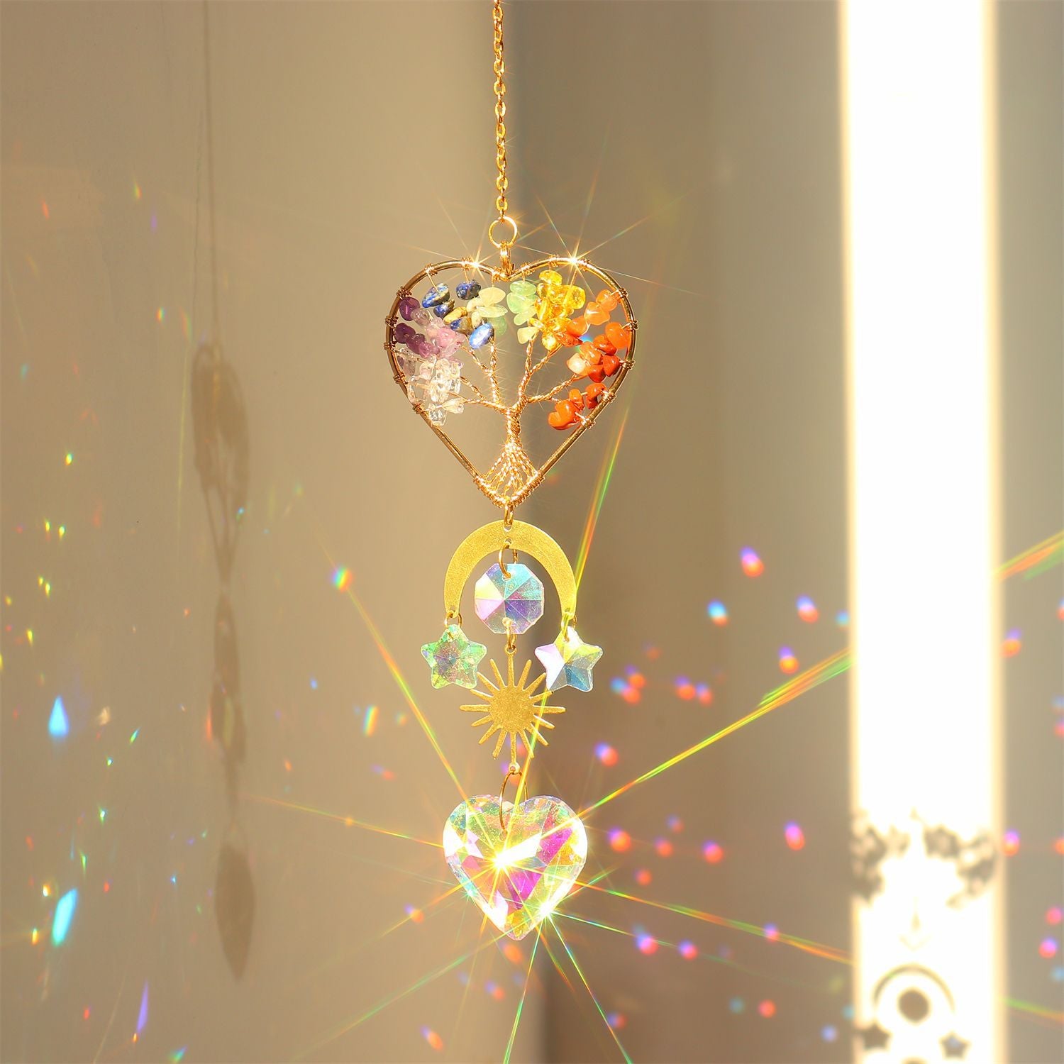 Wholesale Golden Life tree heart-shaped crystal catcher hanging window Sun prism decoration
