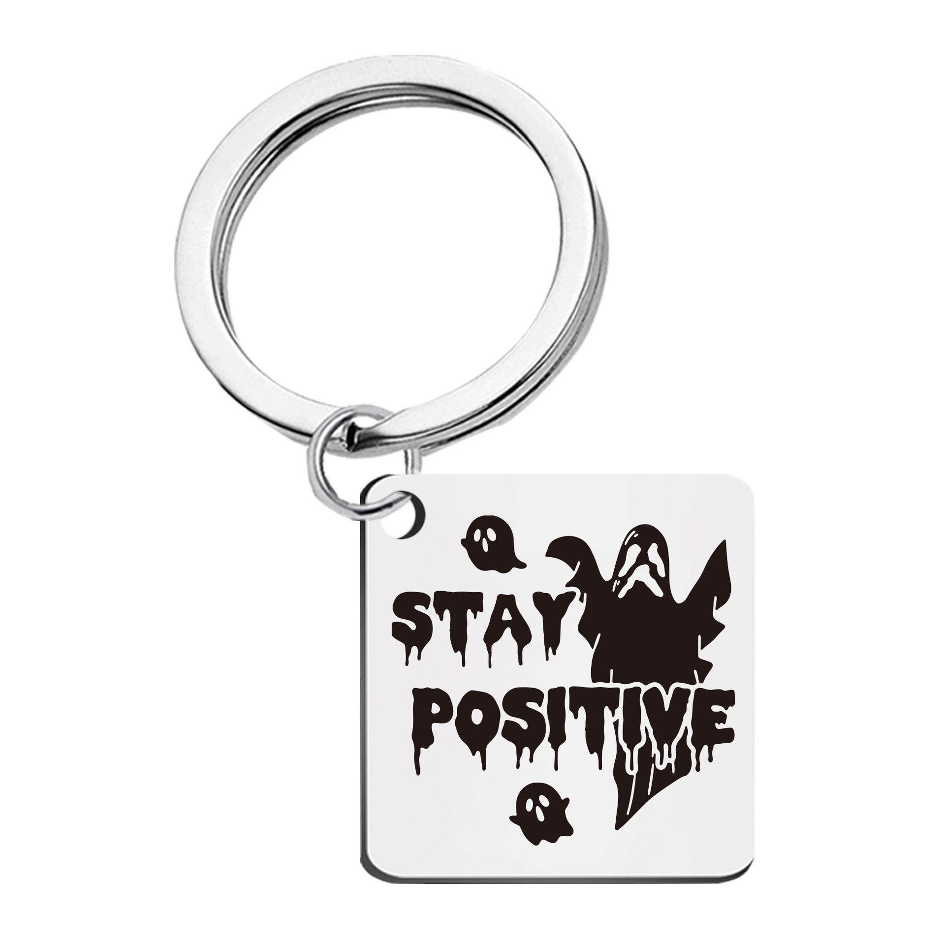 Wholesale Stainless Steel  Ghost  Web Laser Engraved Square Pendant Keychain Car Key Accessory Gift