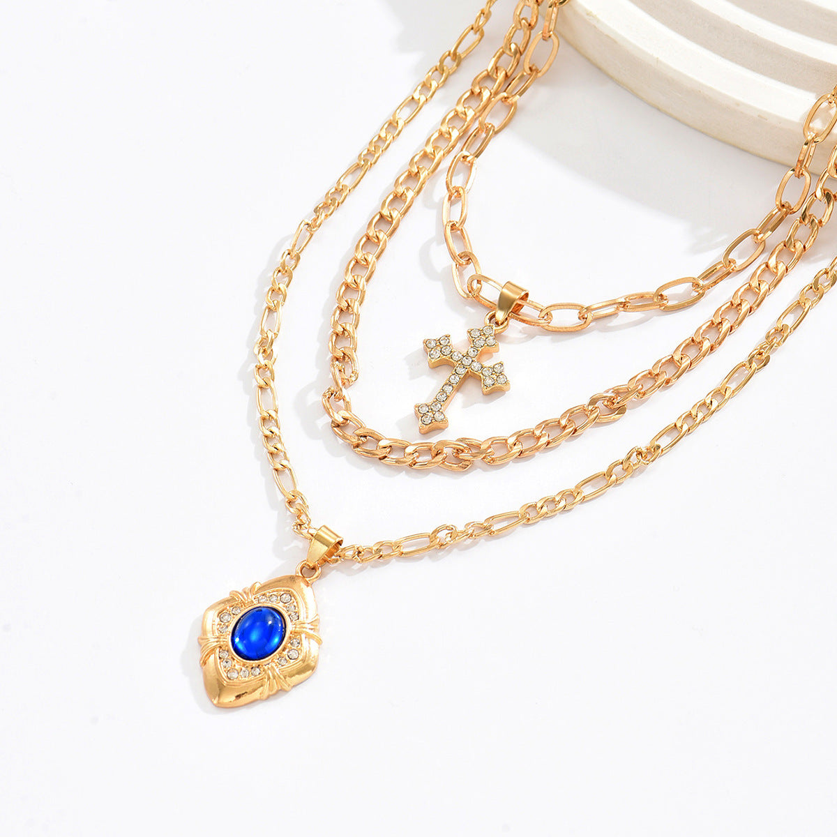 Wholesale Blue Square Gem Cross Pendant Necklace Multi-Layer Alloy Choker Fashion Jewelry Accessory
