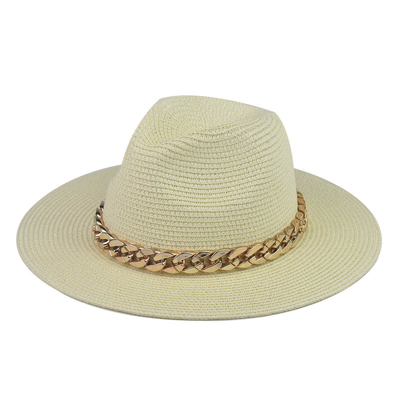 Wholesale Trendy Wide Brim Straw Hat With Gold Chain Decoration Flat Top Khaki Sun Hat For Summer Casual Wear