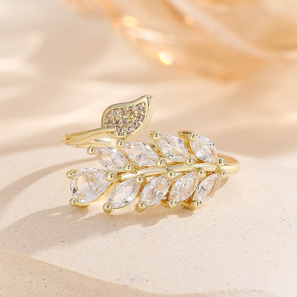 Wholesale Gold Copper Zircon Leaf Open Ring Fashion Jewelry Accessory Gift For Women