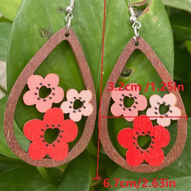 Wholesale  retro style artistic drop-shaped hollow flower wooden earrings earrings