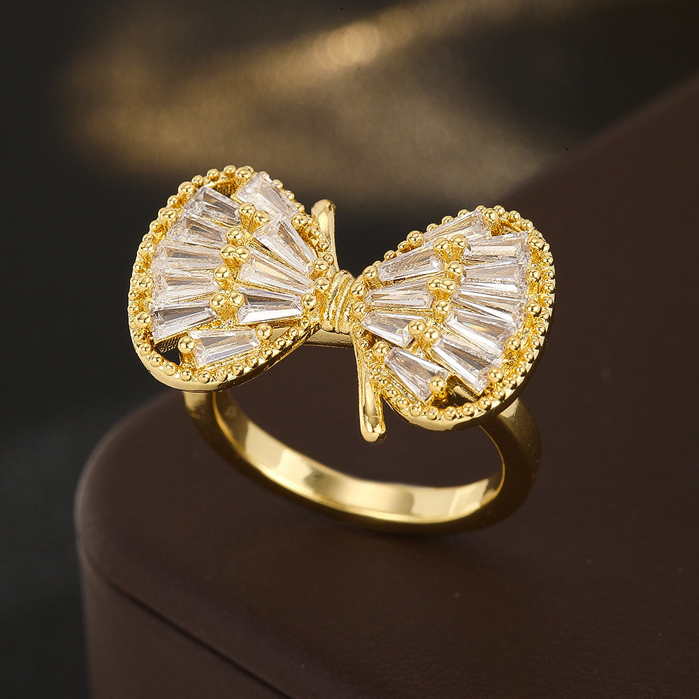 Wholesale Gold Zircon Bowknot Triple Interlocked Ring Fashionable Jewelry Accessory For Everyday Wear Or Gift