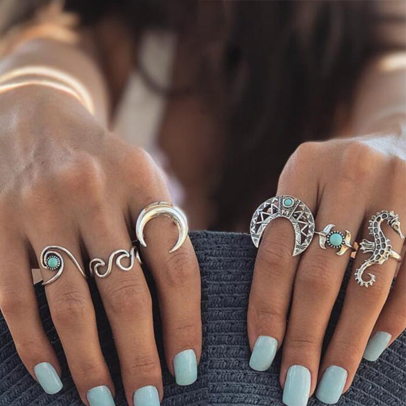 Wholesale Vintage Bohemian Holiday Style Metal Crystal Rings Set