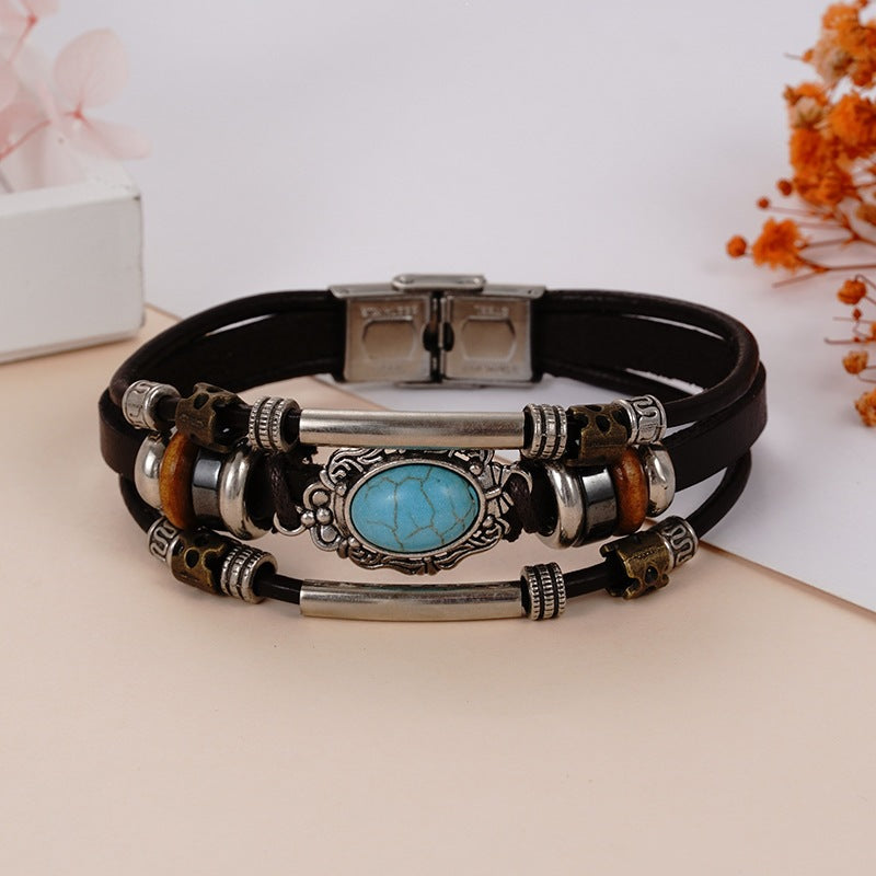 Wholesale Handwoven Leather Turquoise Bracelet Men Unisex Trendy Jewelry Accessory