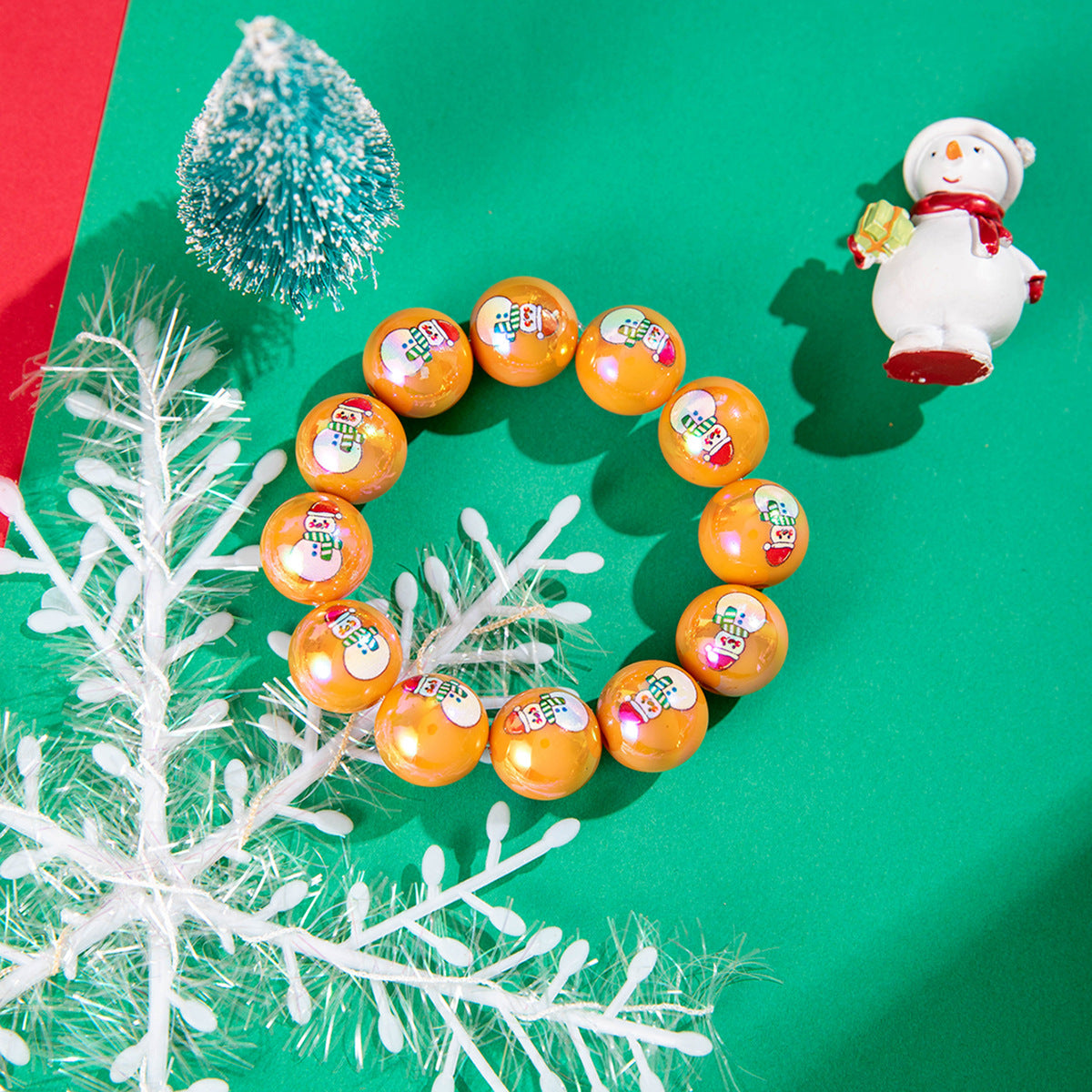 Wholesale  Snowman Bell Printed Resin Large Round Bead Elastic Bracelet