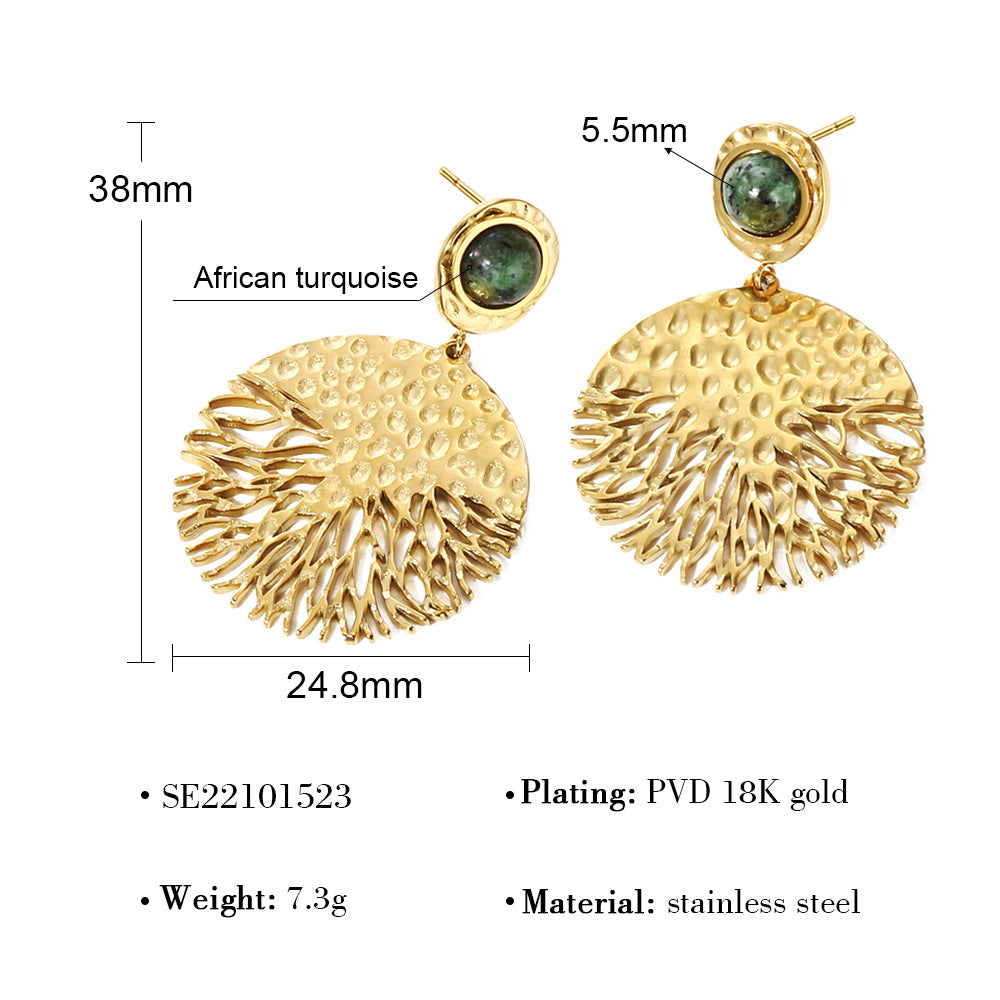 Wholesale Bohemian Retro Hammer Pattern Natural Stone Stainless Steel Earrings