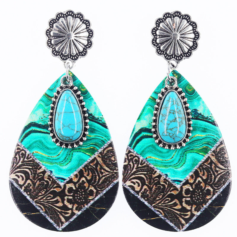 Wholesale Western Denim style leopard print alloy turquoise leather earrings