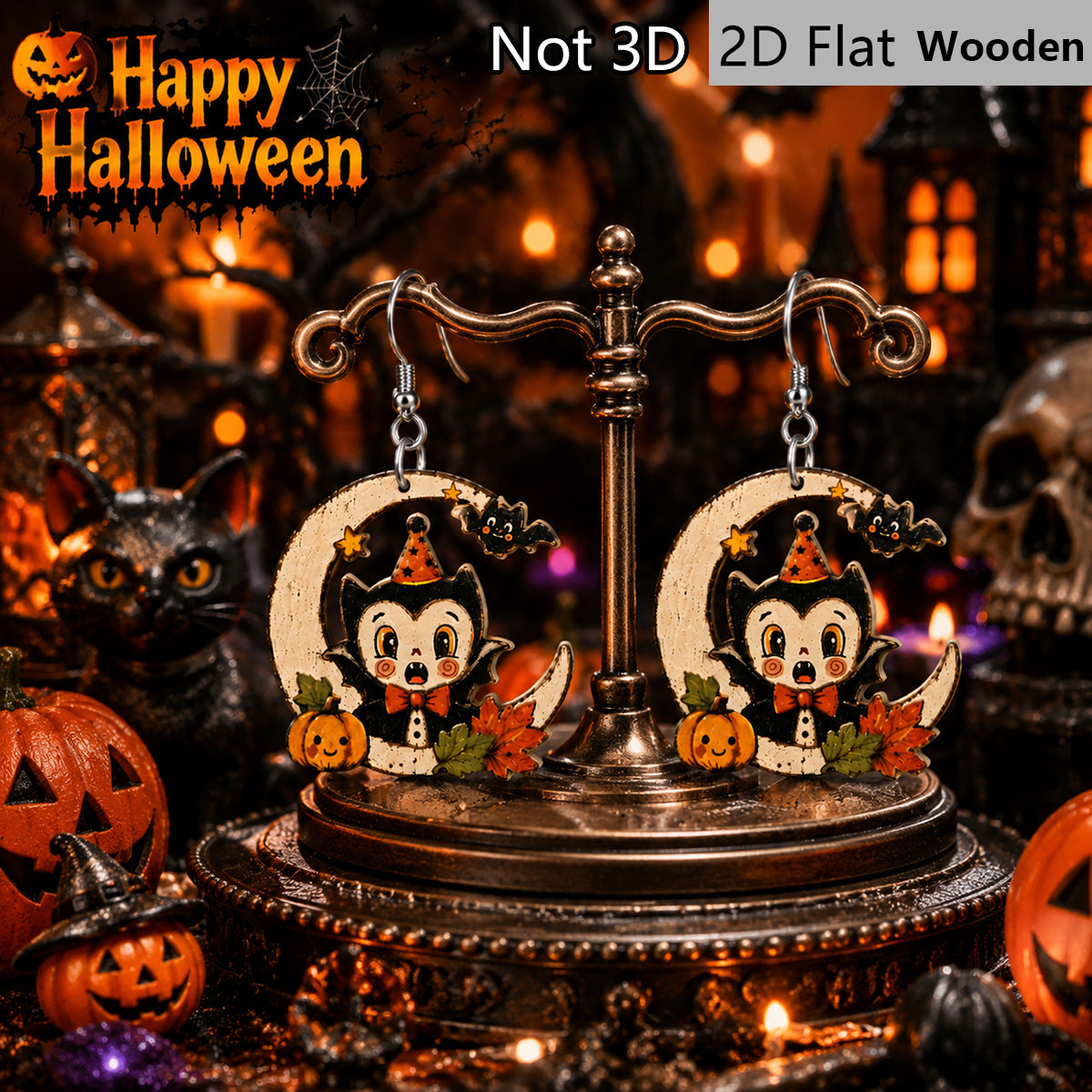 Wholesale  Wooden Earrings Trendy Bat Pumpkin Maple Leaf Painted Drop Earrings Fall Jewelry Gift For Women Boutique Resale Accessory