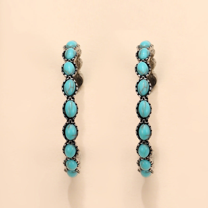 Wholesale Geometric Turquoise Stone Circle Earrings Retro Exaggerated C Hoop Earrings For Women Alloy Party Jewelry Accessory