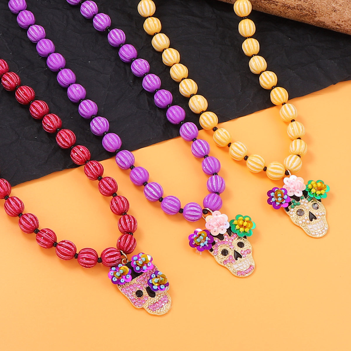 Wholesale  Beaded Alloy Inlaid Zircon Skull Necklace