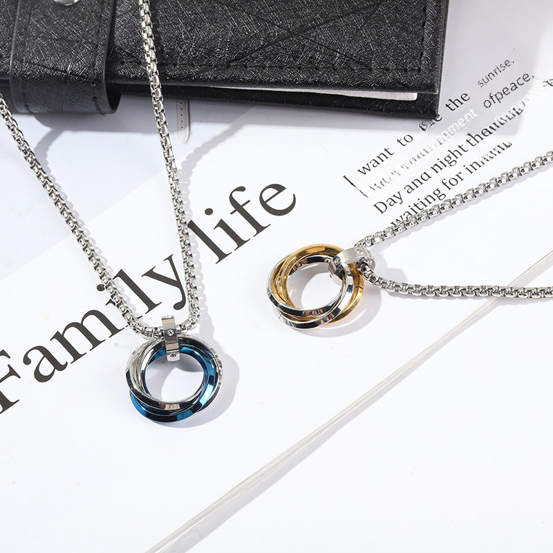 Wholesale three ring pendant stainless steel ring necklace
