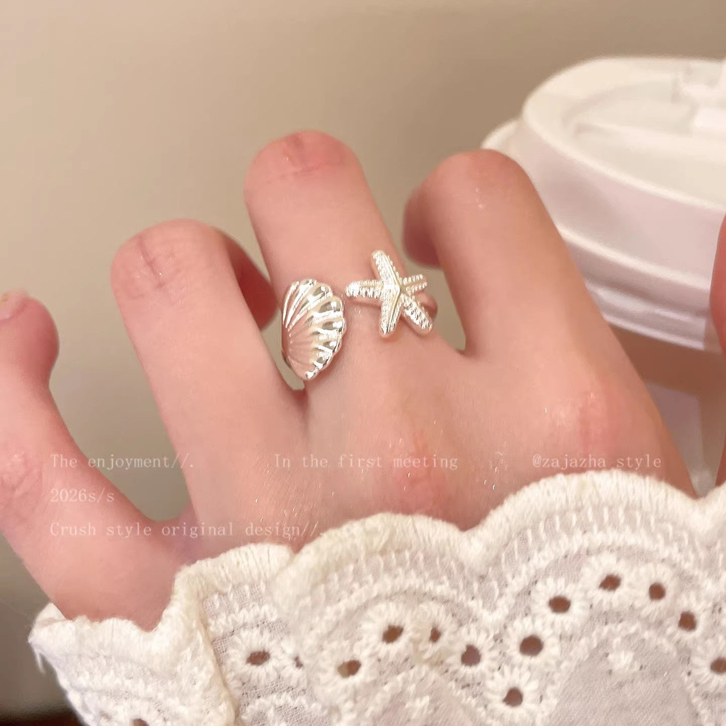 Wholesale Blue Starfish Seashell Open Ring for Women,  Trendy Coastal Vacation Style Copper Jewelry Accessory