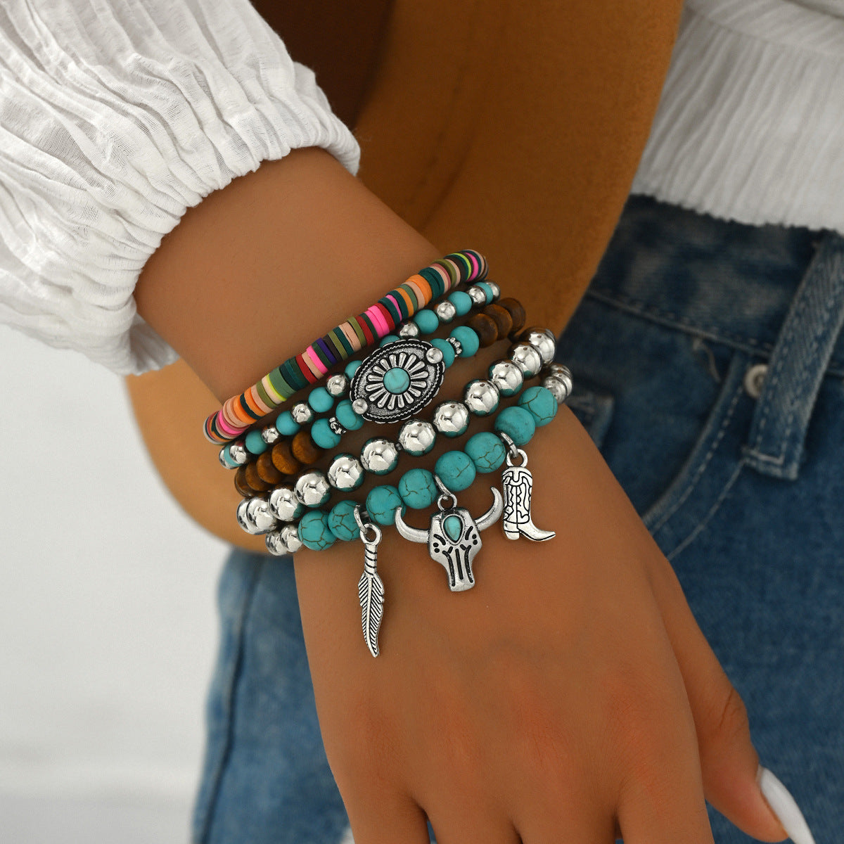Wholesale Western Cowboy Style Turquoise Multi-layer Beaded Bracelet