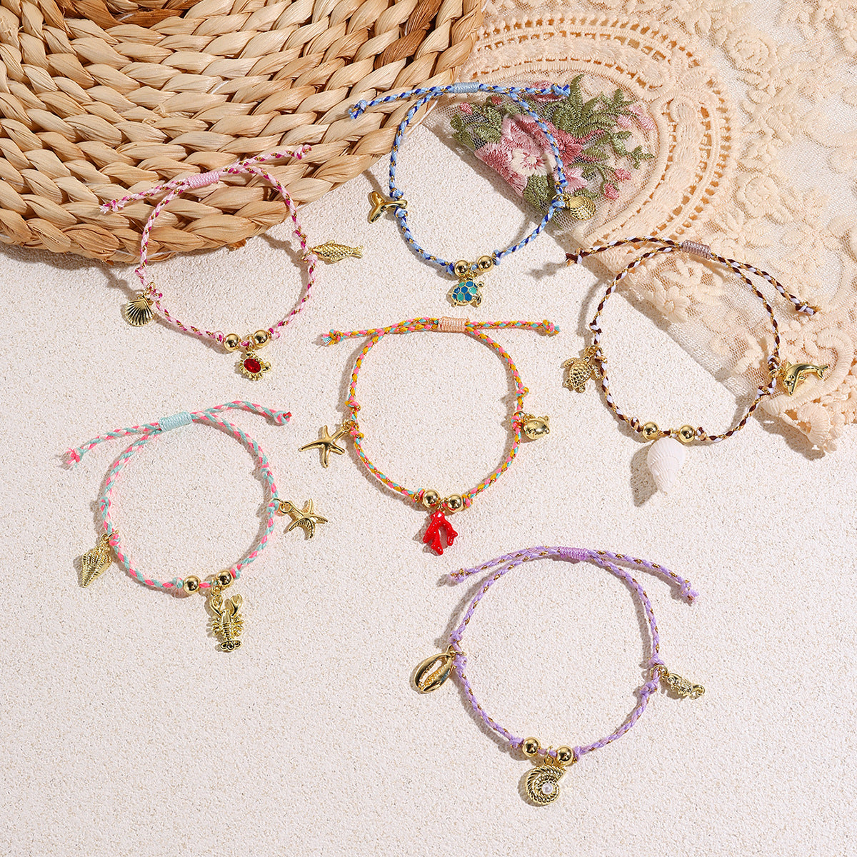 Wholesale Bohemian Ocean Style Handwoven Bracelet With Turtle And Starfish Pendants Adjustable Cord Souvenir Gift Jewelry Accessory