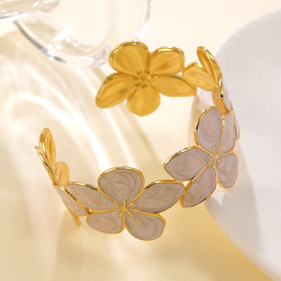 Wholesale Dripping Oil Flower Stainless Steel C-Shape Open Bracelet Fashion Jewelry Accessory