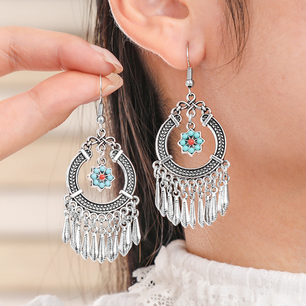 Wholesale Zinc Alloy Retro Ethnic Tassel Earrings with Geometric Pattern,  Fashion Accessory Gift