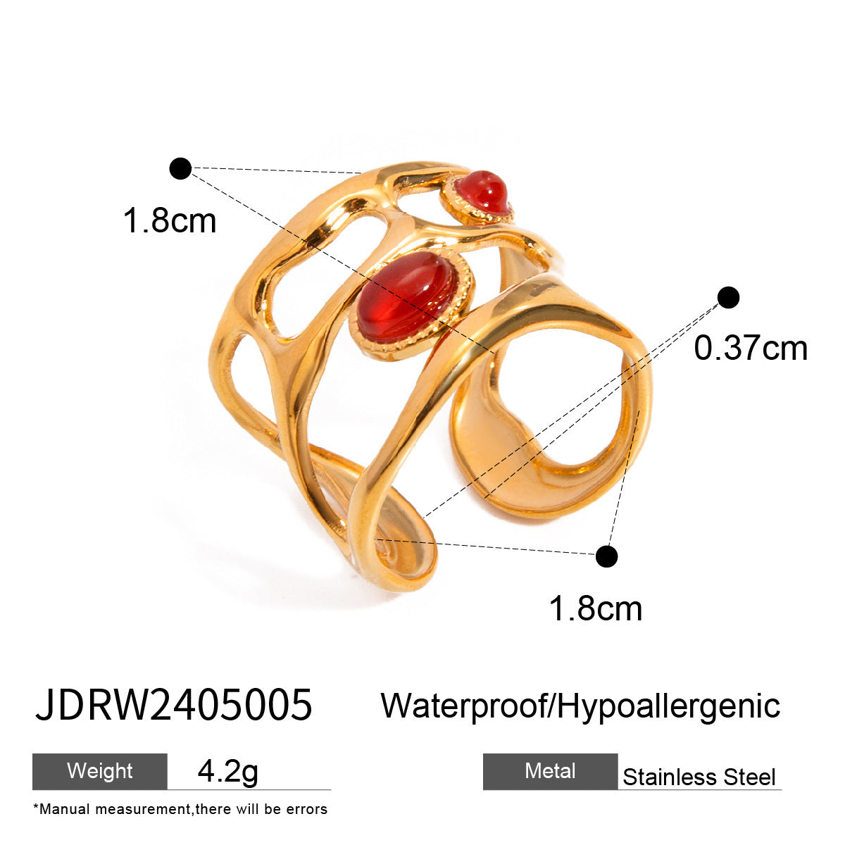 Wholesale  stainless steel red agate ring open ring