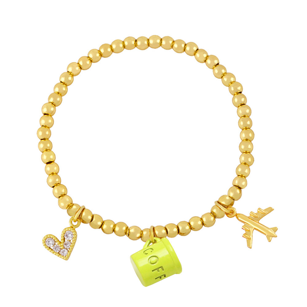Wholesale Copper coffee cup airplane and heart charm beaded bracelet