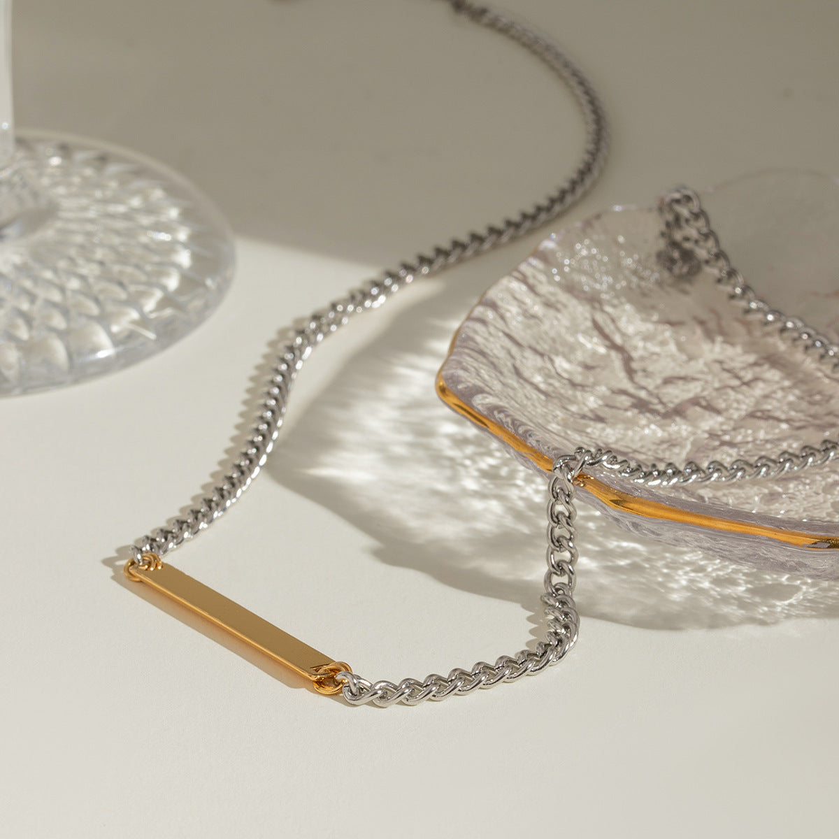 Wholesale 18k gold stainless steel color square smooth pendant color matching necklace